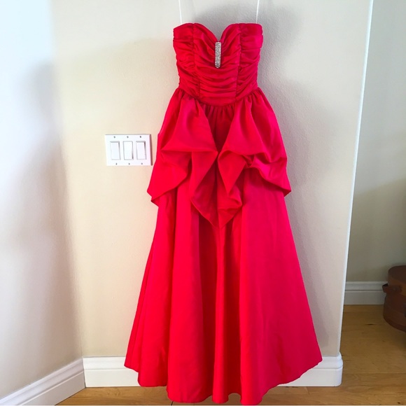 Vintage Mike Benet Formals Red Taffeta Strapless Gown Small Rhinestones - Picture 2 of 10